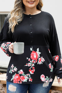 Black Plus Size Floral Printed Splicing Half Button Top | Plus Size/Plus Size Tops/Plus Size Long Sleeve Tops