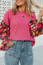 Load image into Gallery viewer, Pink Flower Patchwork Top | Ruffled Sleeve Ribbed Knit
