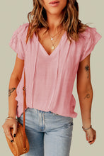 Load image into Gallery viewer, Pink Tiered Ruffled Drawstring V Neck Top | Tops/Tops &amp; Tees
