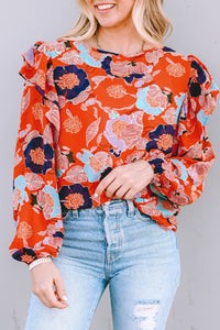 Puff Sleeve Blouse | Fiery Red Floral Print Ruffle