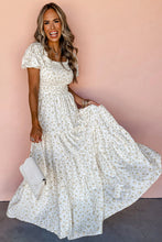 Load image into Gallery viewer, White Frilly Shirred Bodice Tiered Floral Maxi Dress | Dresses/Maxi Dresses
