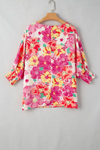 Pink Shirred Cuffs 3/4 Sleeve Floral Blouse | Tops/Blouses & Shirts