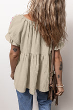 Load image into Gallery viewer, Smoke Gray Crinkle Embroidered Patched Bubble Sleeve Tied Neck Blouse | Tops/Blouses &amp; Shirts
