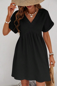 Black Folded Short Sleeve Lace V Neck Mini Dress | Dresses/Mini Dresses