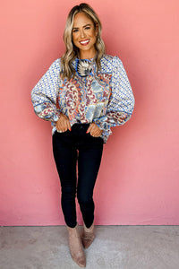 Sky Blue Mixed Floral Geometric Print Ruffled Long Sleeve Blouse | Tops/Blouses & Shirts