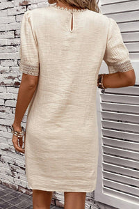 Puff Sleeve Mini Dress | Beige Crinkle Lace Trim Shift Dress