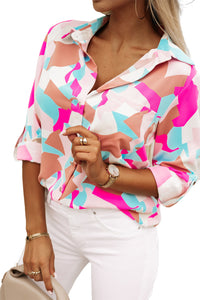 Pink Geometric Block Printed Roll Tab Sleeve Shirt | Tops/Blouses & Shirts