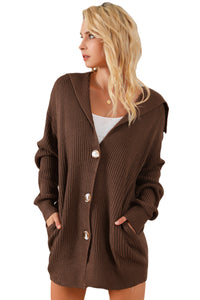 Brown Chunky Knit Lapel Collar Button up Cardigan