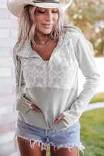 Load image into Gallery viewer, Gray Lace Patch Thumbhole Sleeve Zipped Kangaroo Pocket Hoodie
