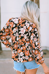 Brown Floral Print 3/4 Sleeve Babydoll Blouse | Tops/Blouses & Shirts