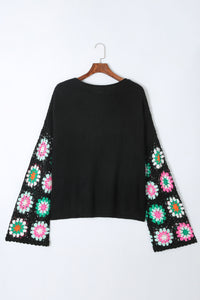 Black Floral Crochet Bell Sleeve Loose Sweater | Tops/Sweaters & Cardigans