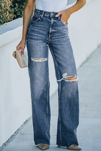 Sky Blue High Rise Ripped Straight Legs Loose Jeans | Bottoms/Jeans