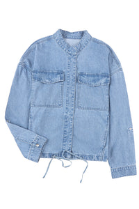 Sky Blue Roll-Up Tab Sleeve Button Down Pocket Denim Jacket | Outerwear/Denim jackets