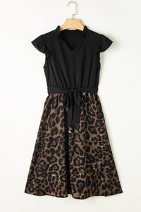 Leopard Print Dress | Black Flutter Sleeve Bodice Splicing