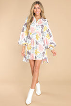 Load image into Gallery viewer, White Collared Neck Bubble Sleeve Floral Dress | Dresses/Floral Dresses
