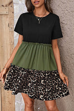 Load image into Gallery viewer, Jungle Green Leopard Print Colorblock Frill Trim T-shirt Dress | Dresses/T Shirt Dresses
