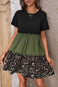 Jungle Green Leopard Print Colorblock Frill Trim T-shirt Dress | Dresses/T Shirt Dresses