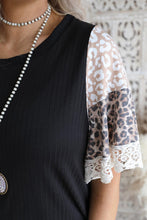 Load image into Gallery viewer, Black Ribbed Leopard Bell Sleeve Top
