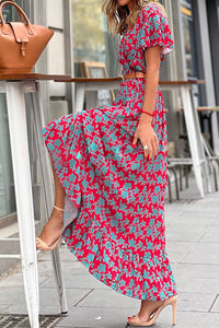 Red V Neck Flutter Sleeve Floral Print Ruffled Maxi Dress | Dresses/Floral Dresses