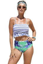 Load image into Gallery viewer, Blue Printed Smocked High waisted swimsuits | Swimwear/High Waisted Swimsuit
