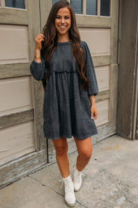 Denim Dress | Black Balloon Sleeve High Waist Dress