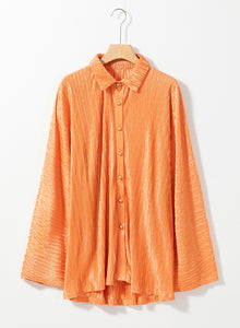 Wide Sleeve Blouse | Grapefruit Orange Crinkled Button Up Top