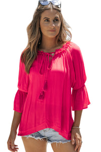 Rose Frilled Split V Neck Ruffled Sleeve Shift Top | Tops/Blouses & Shirts