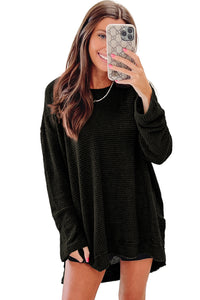 Oversized Top | Black Waffle Knit High Slits