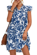 Load image into Gallery viewer, Sail Blue Floral Ruffled Cap Sleeve Tied Neck Mini Dress | Dresses/Floral Dresses
