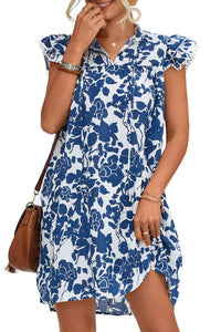 Sail Blue Floral Ruffled Cap Sleeve Tied Neck Mini Dress | Dresses/Floral Dresses