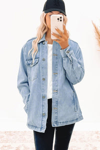 Sky Blue Acid Wash Flap Pocket Boyfriend Shacket | Outerwear/Denim jackets