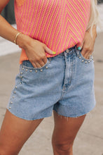 Load image into Gallery viewer, Sky Blue Stud Embellished High Waist Denim Shorts
