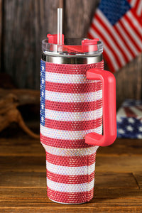 Red Rhinestone American Flag Print Handled 40oz Thermos Tumbler | Accessories/Tumblers