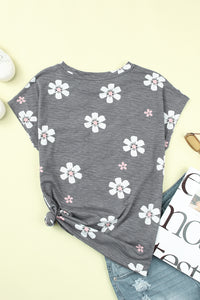 Gray Floral Cap Sleeve T-Shirt with Pocket | Tops/Tops & Tees