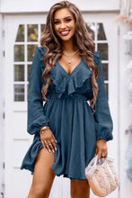 Load image into Gallery viewer, Blue Textured Ruffled V Neck High Waist Mini Dress | Dresses/Mini Dresses
