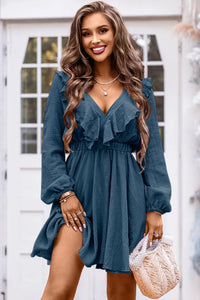 Blue Textured Ruffled V Neck High Waist Mini Dress | Dresses/Mini Dresses