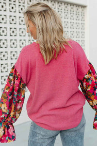 Pink Flower Patchwork Top | Ruffled Sleeve Ribbed Knit