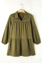 Load image into Gallery viewer, Puff Sleeve Dress | Green Frayed Trim Flared Dress
