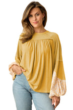 Load image into Gallery viewer, Beige Floral Colorblock Balloon Sleeve Exposed Seam Top | Tops/Long Sleeve Tops
