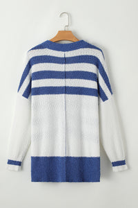 Hi Low Cardigan | Blue Stripe V Neck Buttoned Sweater