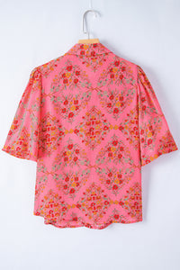 Rose Red Floral Print Wide Short Sleeve Loose Shirt | Tops/Blouses & Shirts