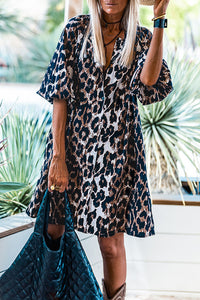 Black Leopard Puff Sleeve Buttons Front Shirt Dress | Dresses/Mini Dresses