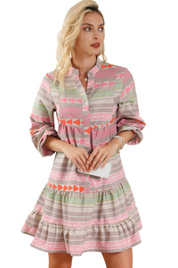 Multicolour Boho Print Puff Sleeve Buttoned Babydoll Dress | Dresses/Mini Dresses