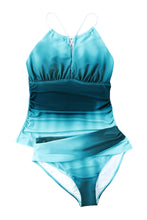 Load image into Gallery viewer, Sky Blue Oceanic Gradient Color Peekaboo Halter Tankini Swimsuit | Swimwear/Tankinis
