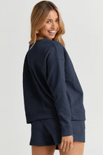 Load image into Gallery viewer, Drawstring Shorts Set | Navy Blue Textured Long Sleeve Top
