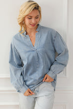 Load image into Gallery viewer, Sky Blue Split V-Neck Balloon Sleeve Ruched Denim Top | Tops/Blouses &amp; Shirts
