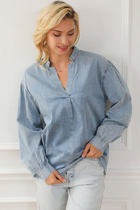 Sky Blue Split V-Neck Balloon Sleeve Ruched Denim Top | Tops/Blouses & Shirts