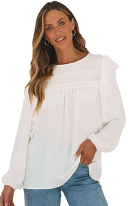 White Lace Eyelet Ruffle Shoulder Long Sleeve Blouse | Tops/Blouses & Shirts