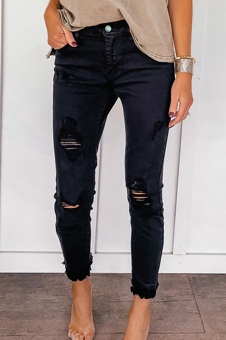 Black Distressed Raw Edge Cropped Skinny Jeans | Bottoms/Jeans