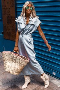 Denim Dress | Beau Blue Short Bat Wing Sleeve Slit Back Dress